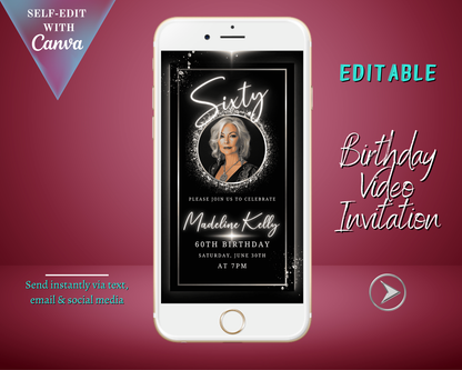 60th Birthday Video Invitation - Black White Silver Oval Photo Frame Animated Invite displayed on a smartphone, showcasing editable options and sharing features, designed for customization in Canva.
