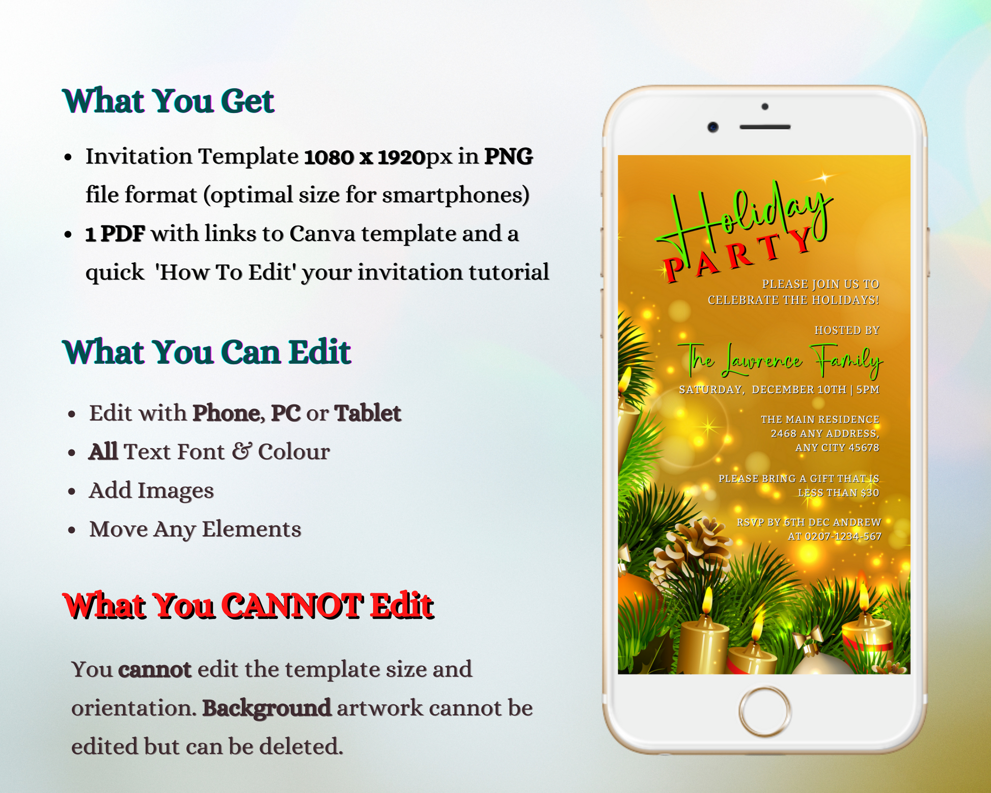 White smartphone displaying Gold Candles Ornaments | Christmas Party Evite template for customization via Canva, promoting eco-friendly, digital invitations from URCordiallyInvited.