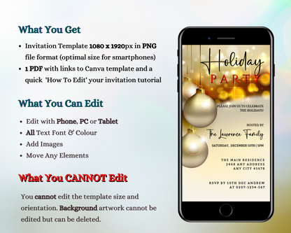 Gold Beige Glitter Ornament | Christmas Party Invitation displayed on a smartphone screen, featuring editable text for personalizing event details using Canva.