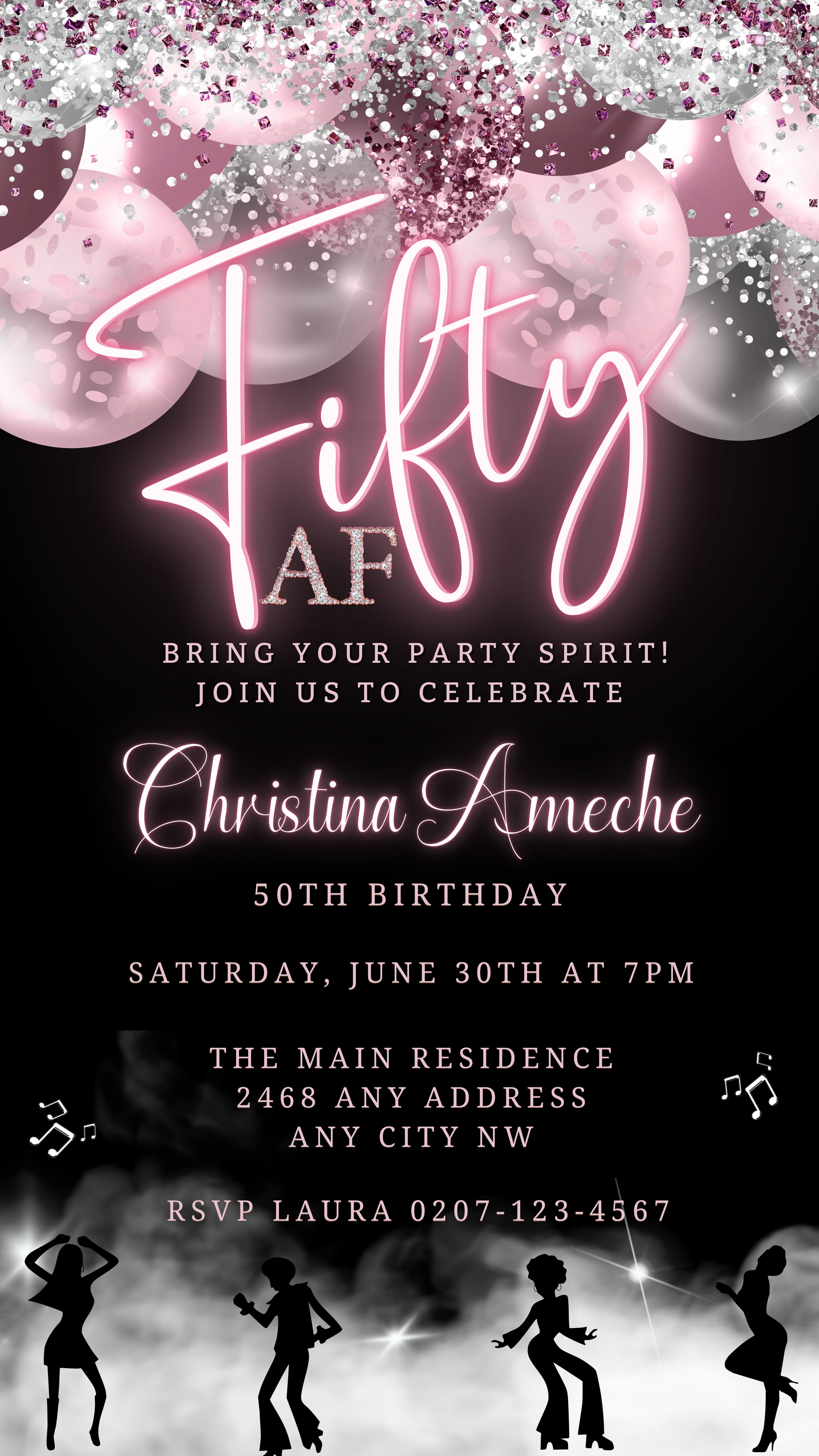 Mauve Pink Silver Neon | 50AF Birthday Video Evite featuring pink and white bubbles, silhouettes of dancers, and a customizable text area for event details.