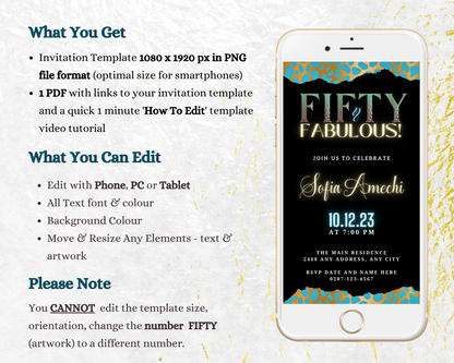 Teal Gold Cheetah Leopard 50 & Fabulous Party Evite template displayed on a smartphone screen, customizable via Canva for digital invitations.