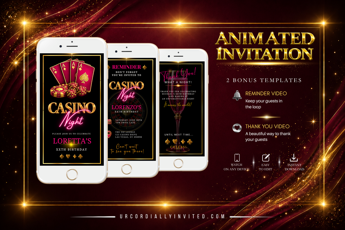 Casino Night Fuchsia Pink & Gold Animated Invitation Suite