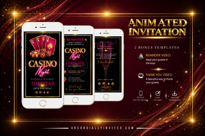 Casino Night Fuchsia Pink & Gold Animated Invitation Suite