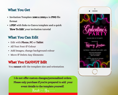 Smartphone displaying editable digital invitation template for Galantines Party with pink neon border and customizable text using Canva.