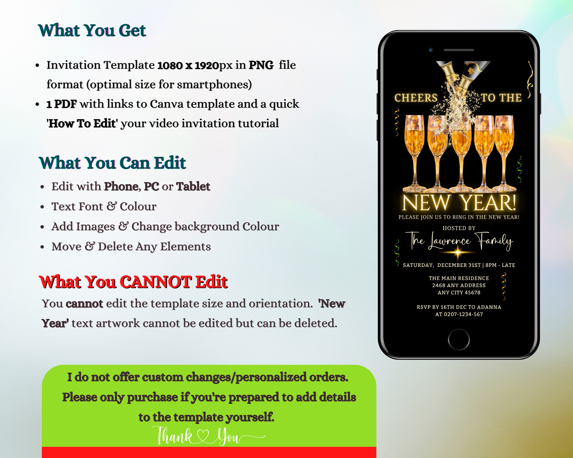 Cellphone displaying Splashing Champagne Neon Cheers NY party evite with champagne glasses, editable via Canva for easy digital sharing.