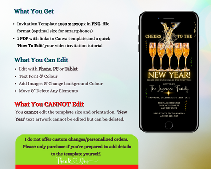 Cellphone displaying Splashing Champagne Neon Cheers NY party evite with champagne glasses, editable via Canva for easy digital sharing.