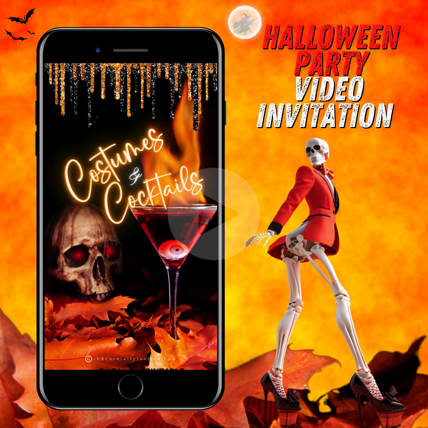 Costumes & Cocktails Halloween Video Invitation shows a skeleton with a wine glass and a flaming cocktail with a floating eyeball, perfect for spooky themed parties.