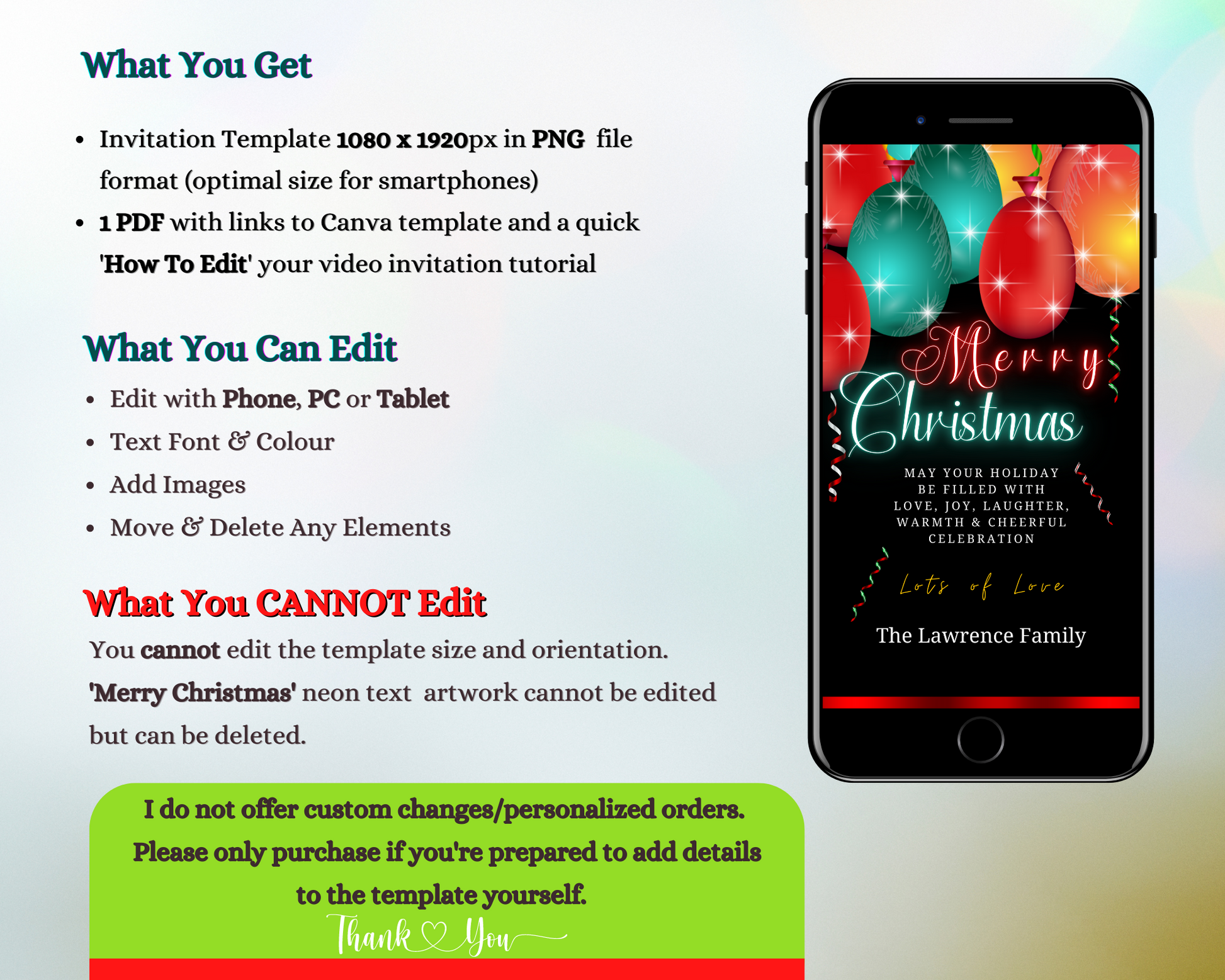 Editable Neon Red Teal Balloons Sparkle Merry Christmas Ecard displayed on a smartphone screen, ready for customization using Canva.