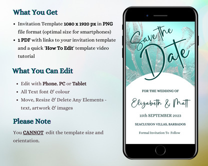 Teal White Silver Flowers Save The Date Evite displayed on a smartphone screen, with customizable text for personalizing event details via Canva.