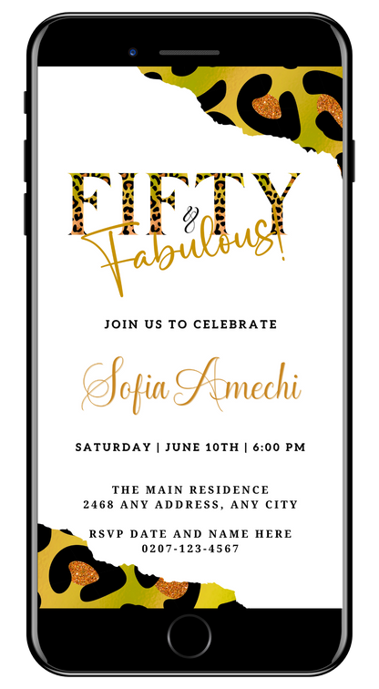 Cell phone displaying a customizable Green Gold Neon White Animal Print | Fifty & Fabulous Party Evite for digital invitations.