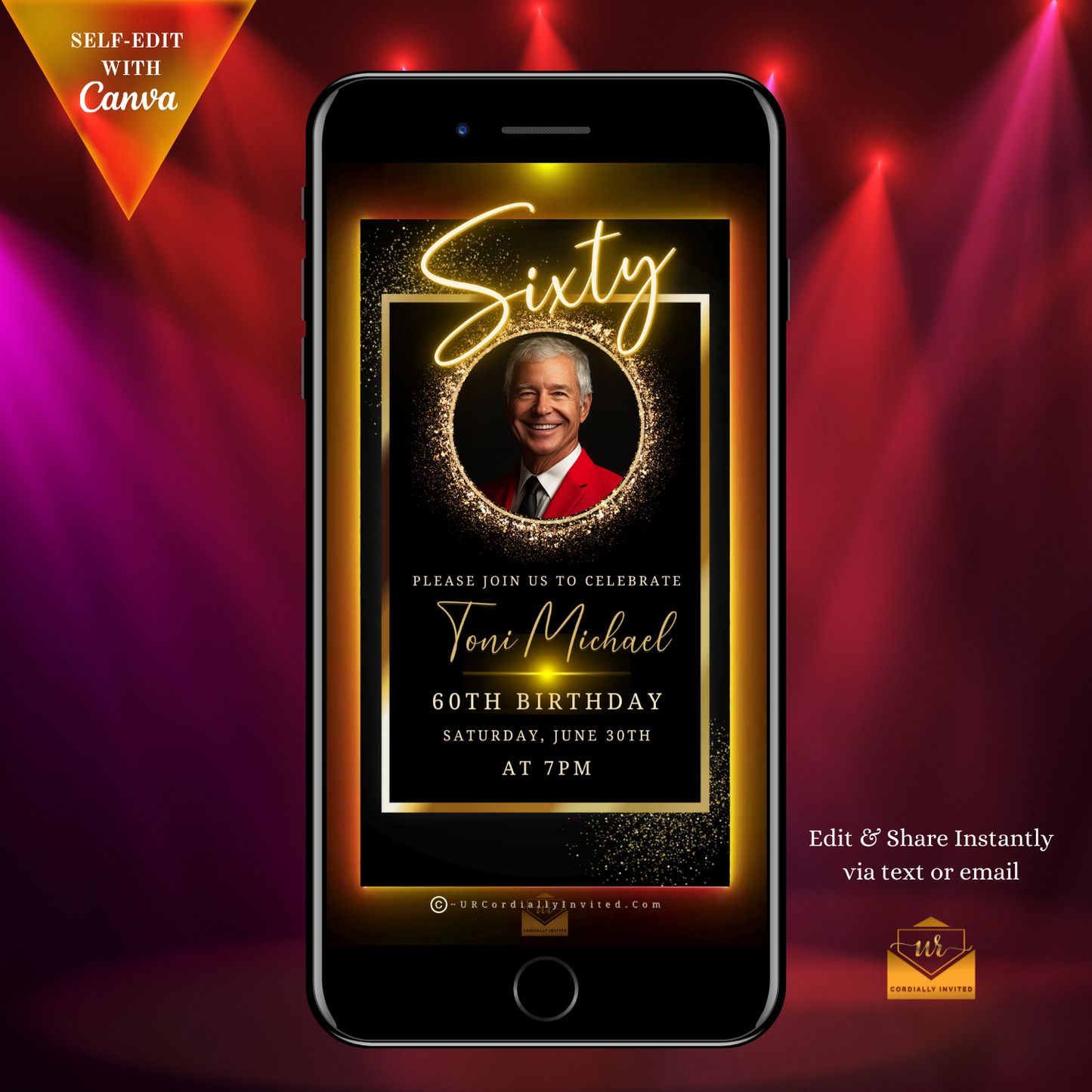 60th Birthday Video Invitation featuring a man in a red suit on a phone screen with an elegant gold oval frame and sleek neon border.