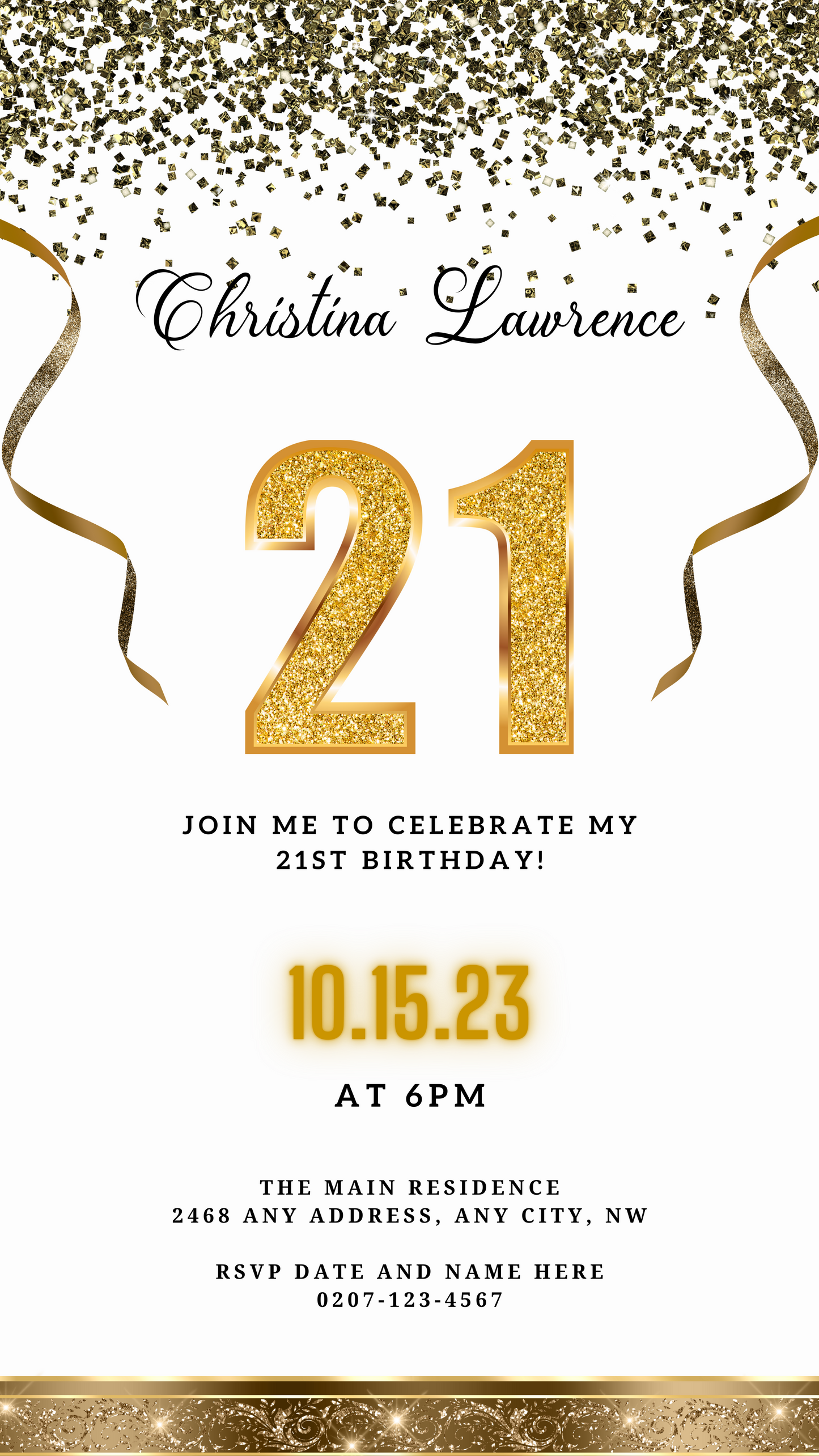 White Gold Confetti 21st Birthday Evite template with gold numbers and ribbons, customizable via Canva for digital invitations.