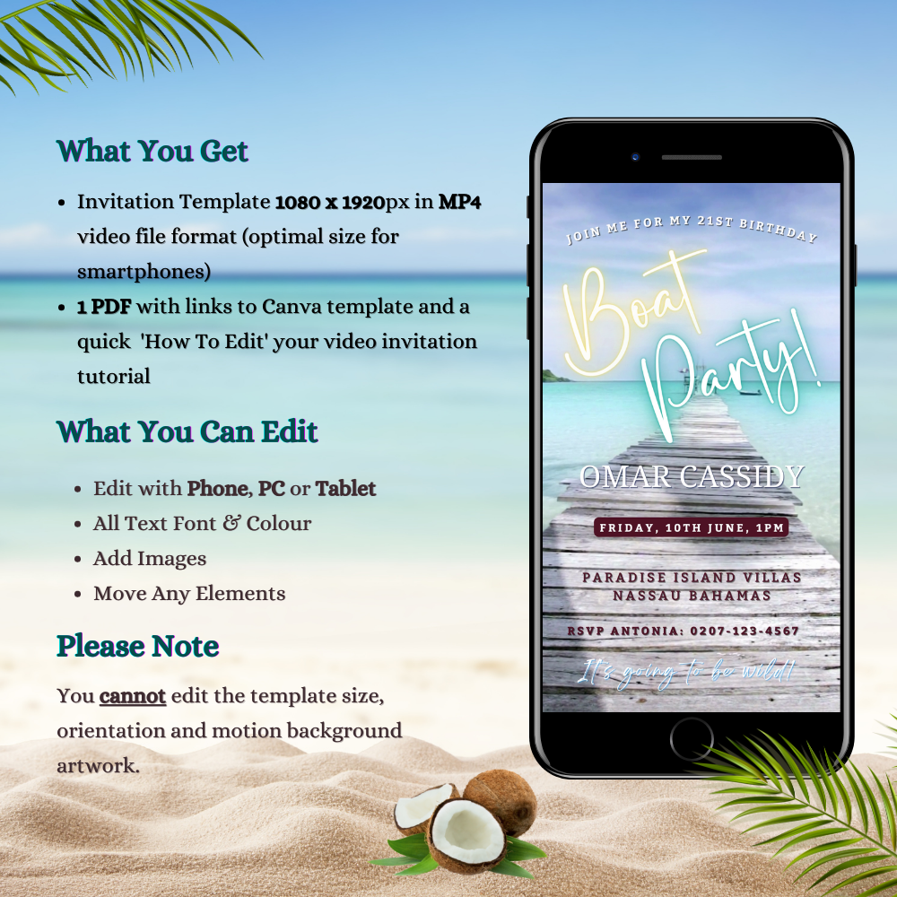 Smartphone displaying customizable Beach Boat | Party Video Invitation on sandy beach with palm leaf and coconuts.