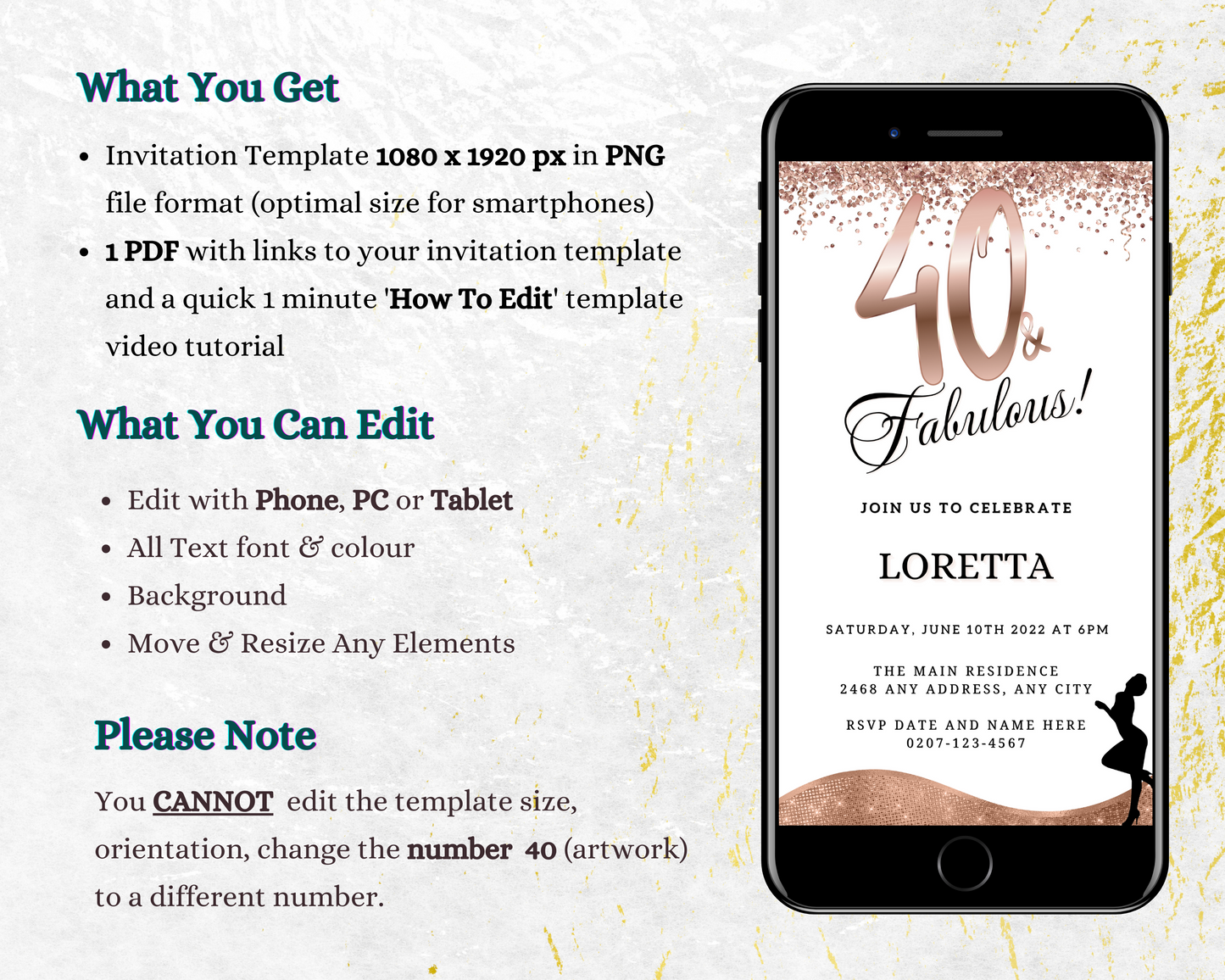 Cellphone displaying customizable Rose Gold Glitter White | 40 & Fabulous Party Evite, editable via Canva for digital invitation.