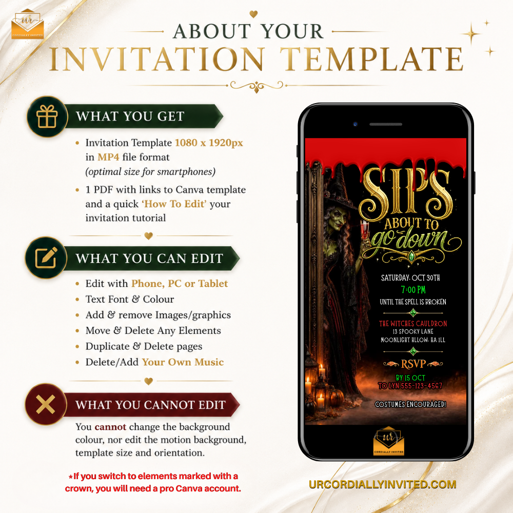 Promotional graphic for an editable invitation template, showing a smartphone mockup with a red and gold event invitation design. The left side lists included files and editing features in green, gold, and red text boxes on a cream background with subtle gold leaf accents.