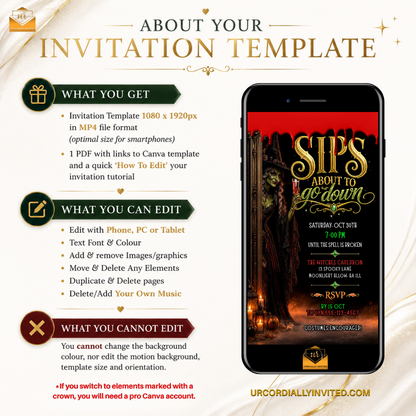 Promotional graphic for an editable invitation template, showing a smartphone mockup with a red and gold event invitation design. The left side lists included files and editing features in green, gold, and red text boxes on a cream background with subtle gold leaf accents.