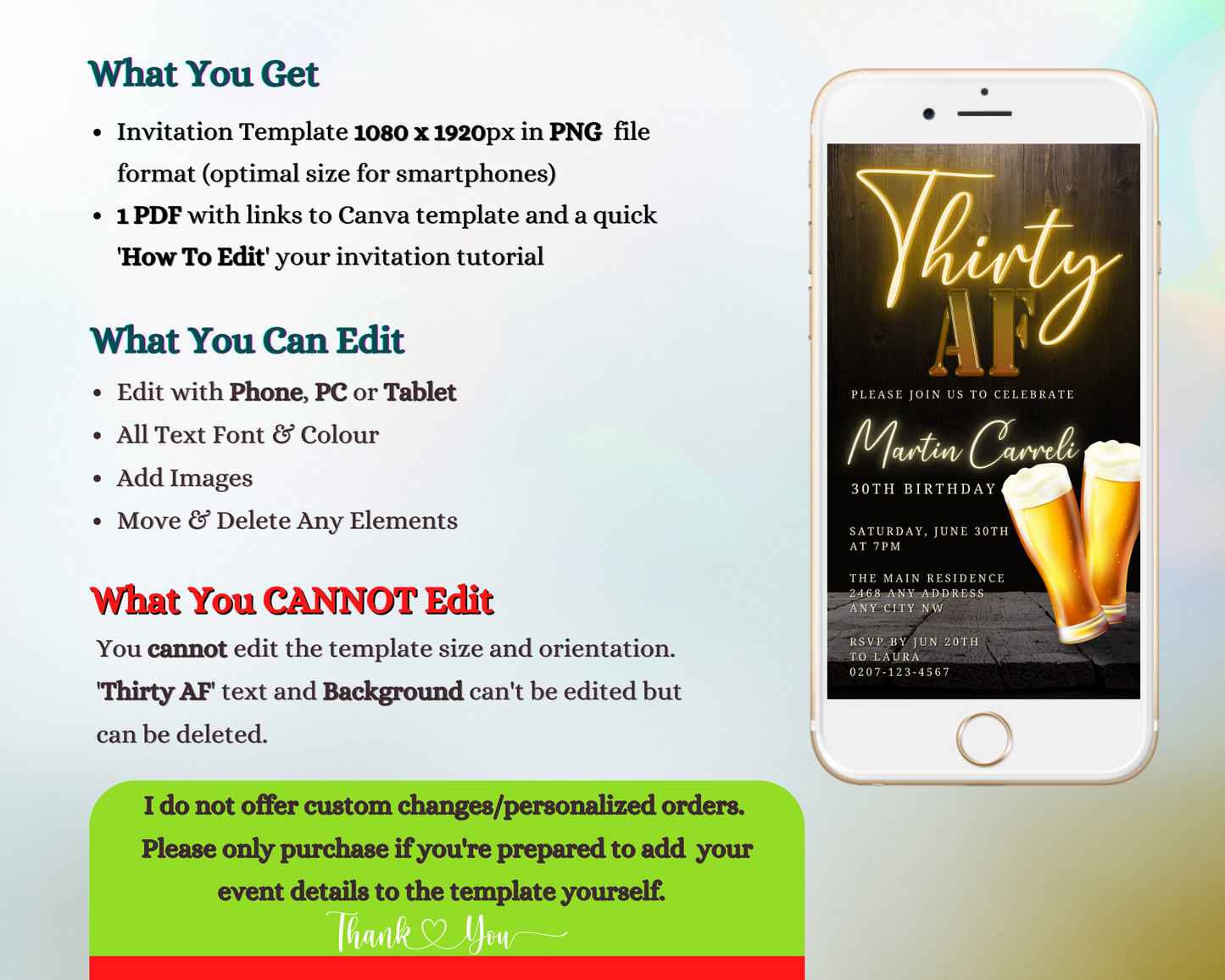 Neon Gold Beer | 30AF Birthday Evite displayed on a smartphone, showcasing customizable digital invitation for events via Canva.
