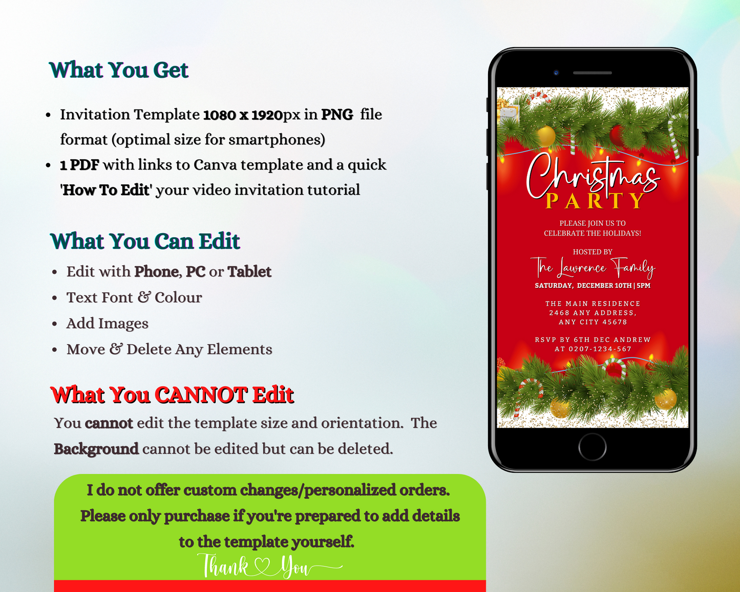 Cell phone displaying a customizable Christmas Party Evite with red, green, and white ornaments lights, editable via Canva for digital sharing.