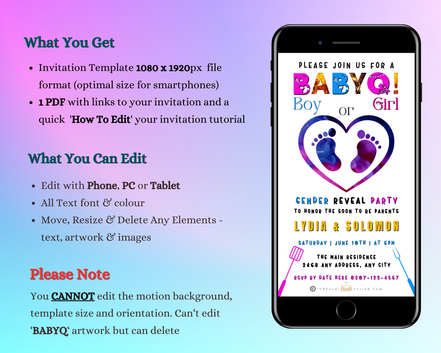 BABYQ Feet In Heart Digital Gender Reveal Video Invite displayed on a smartphone screen, showcasing customizable text and heart with footprints design.