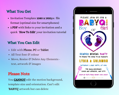 BABYQ Feet In Heart Digital Gender Reveal Video Invite displayed on a smartphone screen, showcasing customizable text and heart with footprints design.