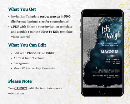 Editable Navy Silver Glitter Birthday Evite displayed on a smartphone screen, showing customizable text elements for a personalized digital invitation.