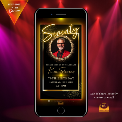 60th Birthday Video Invitation featuring a man's photo in a gold oval frame on a smartphone screen, highlighting URCordiallyInvited's customizable animated invite for milestone celebrations.