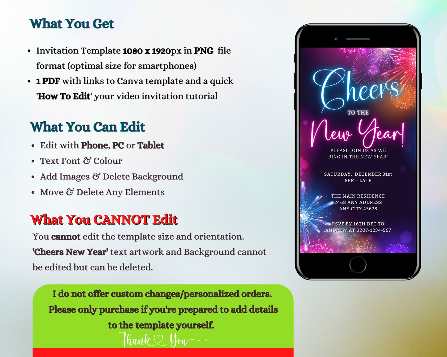 Smartphone displaying a customizable New Year's 2024 party evite template with editable text, designed for digital sharing via Canva.