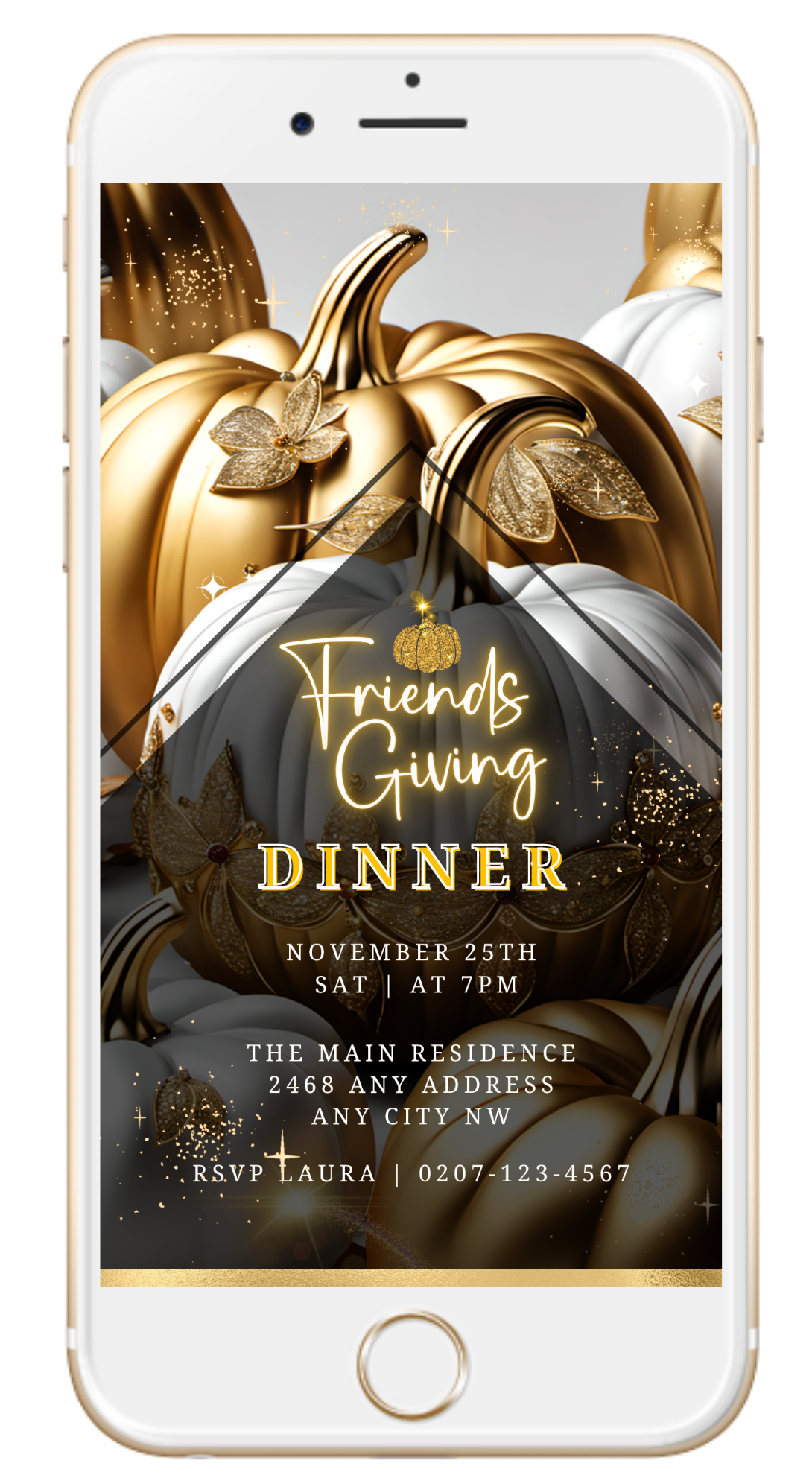 A smartphone displays a Friendsgiving dinner invite framed by gold pumpkins; modern design, warm gold accents.