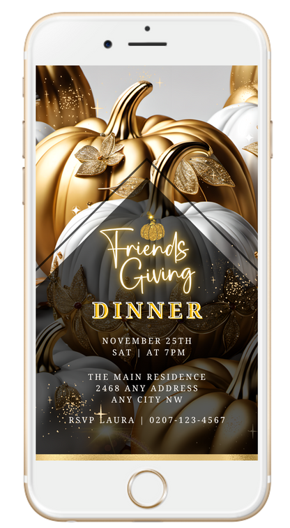 A smartphone displays a Friendsgiving dinner invite framed by gold pumpkins; modern design, warm gold accents.