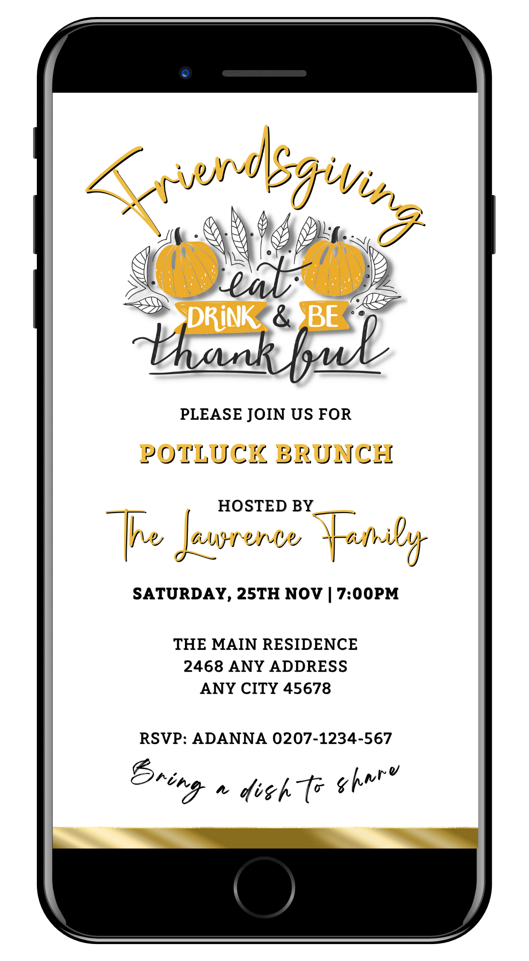 Elegant FriendsGiving Potluck | Thanksgiving Brunch Invitation displayed on a phone screen, featuring pumpkins and editable text, customizable via Canva for electronic sharing.