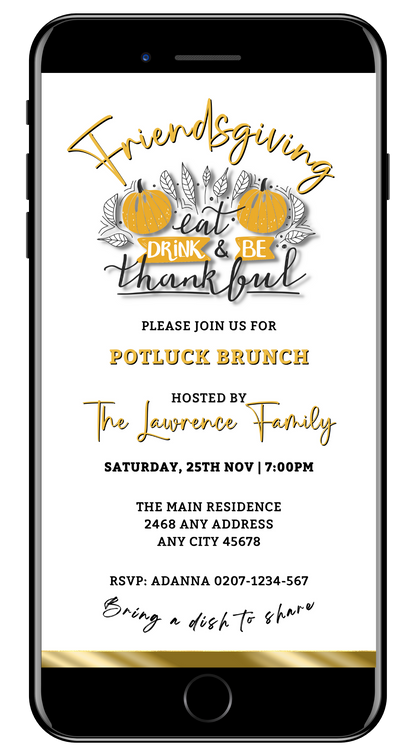 Elegant FriendsGiving Potluck | Thanksgiving Brunch Invitation displayed on a phone screen, featuring pumpkins and editable text, customizable via Canva for electronic sharing.