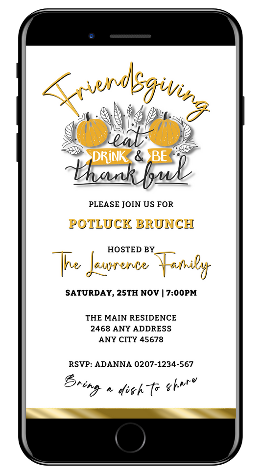 Elegant FriendsGiving Potluck | Thanksgiving Brunch Invitation displayed on a phone screen, featuring pumpkins and editable text, customizable via Canva for electronic sharing.