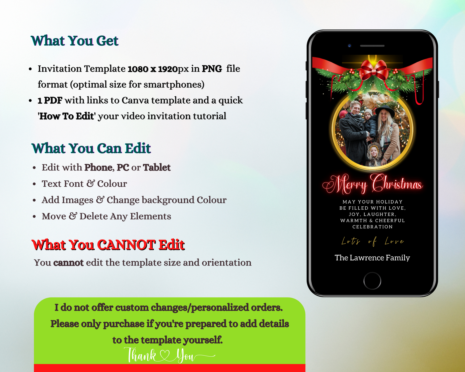 Cell phone displaying a Christmas ecard with a family photo, customizable via Canva.