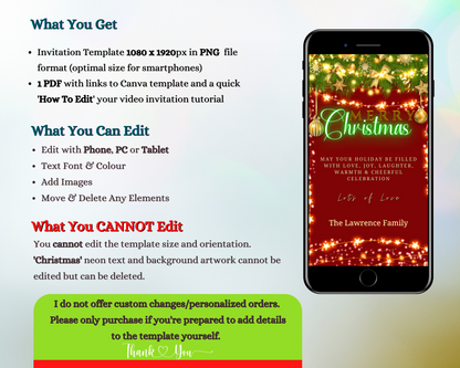 Christmas Lights Green Neon | Merry Christmas Ecard displayed on a smartphone screen, showcasing editable text and festive design elements for customizable digital invitations.