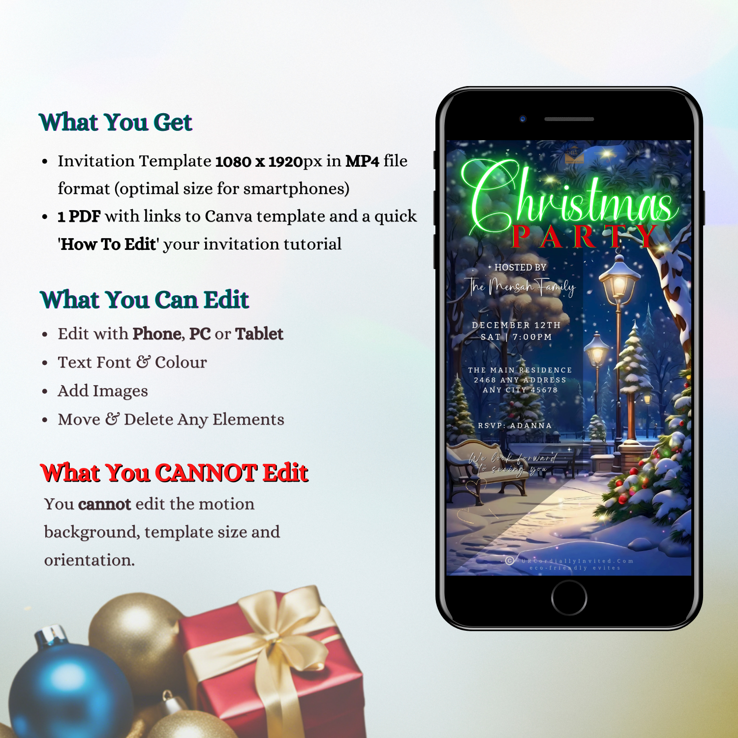 Christmas Party Video Invitation displayed on a mobile screen, showcasing a festive winter scene with snow and glowing lamps, ideal for holiday gatherings.