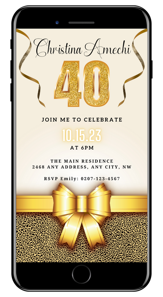 Customizable Beige Gold Leopard 40th Birthday Evite for smartphones, featuring a digital invitation template with a gold ribbon and bow, editable via Canva for easy personalization.