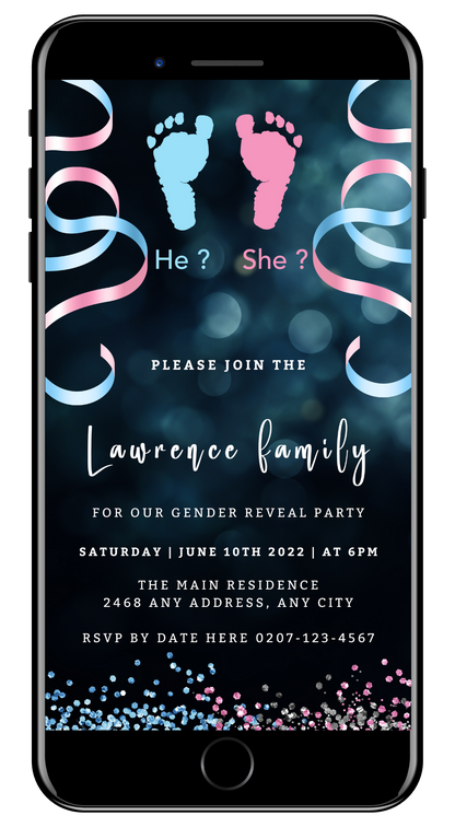 Cell phone displaying a customizable digital Happy Baby Feet Ribbons gender reveal evite template with editable text and design elements.