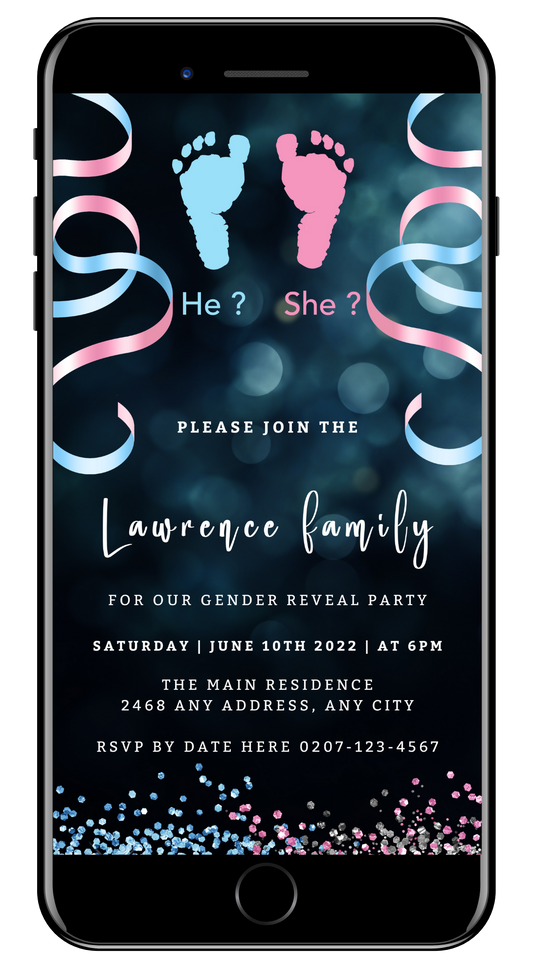 Cell phone displaying a customizable digital Happy Baby Feet Ribbons gender reveal evite template with editable text and design elements.