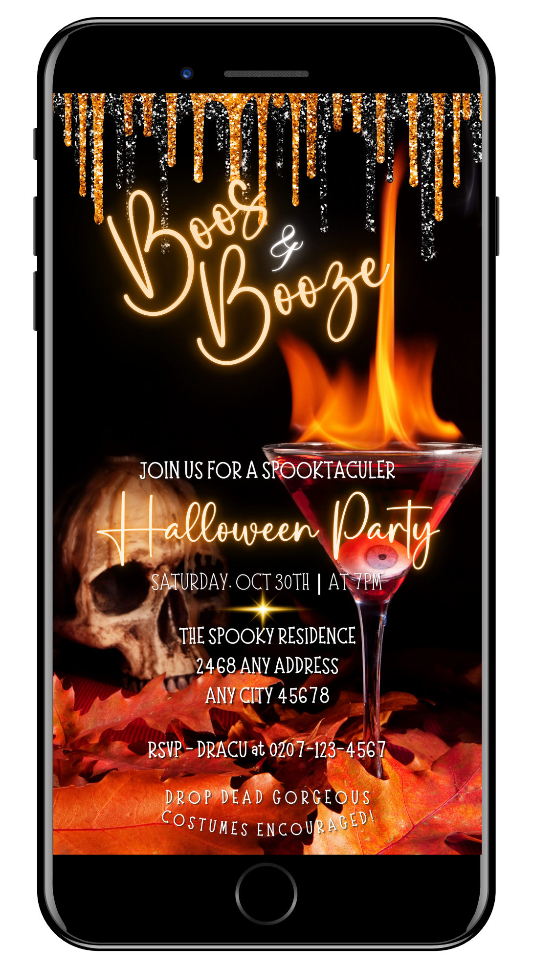 Boos and Booze Skull Flaming Eyeball Cocktail Glass Halloween Evite