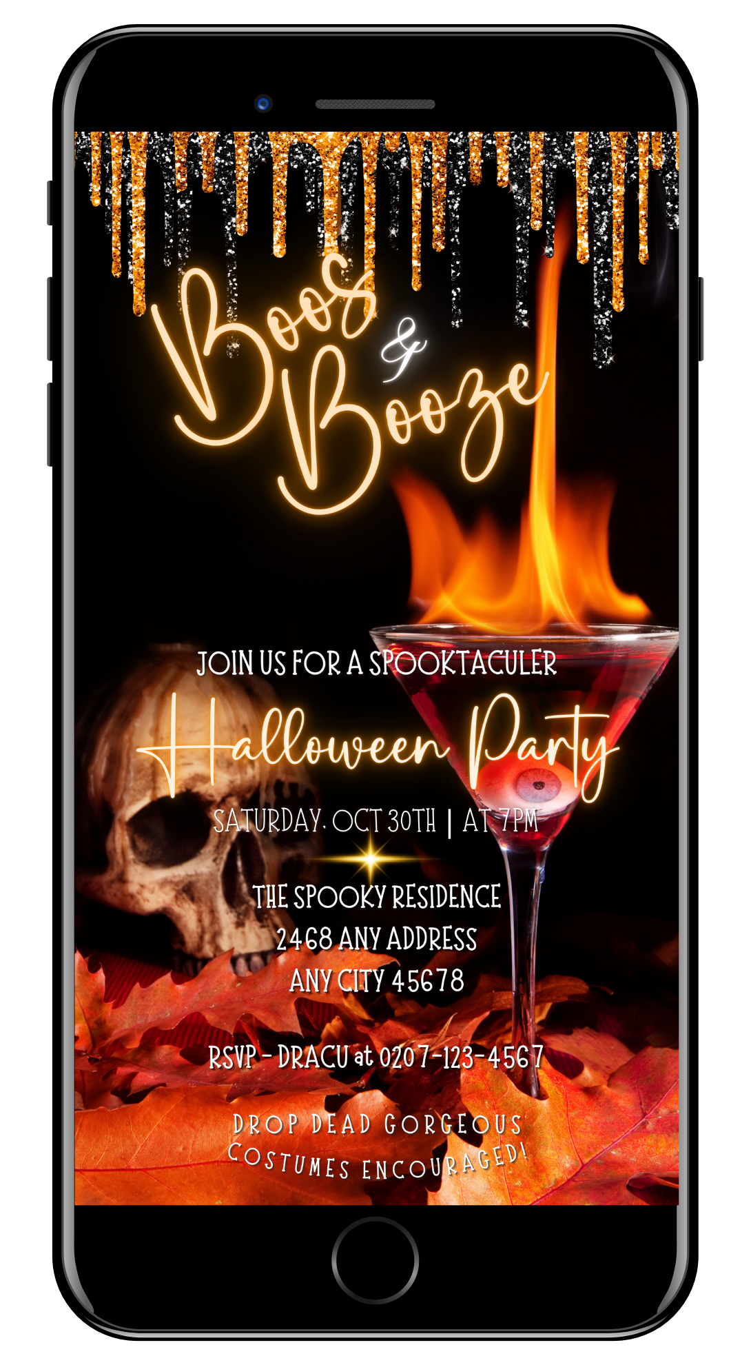 Digital invitation template featuring a flaming skull and eyeball cocktail glass, perfect for Halloween parties. Easily editable using Canva for personalized event invites.