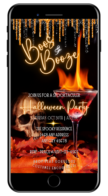 Digital invitation template featuring a flaming skull and eyeball cocktail glass, perfect for Halloween parties. Easily editable using Canva for personalized event invites.