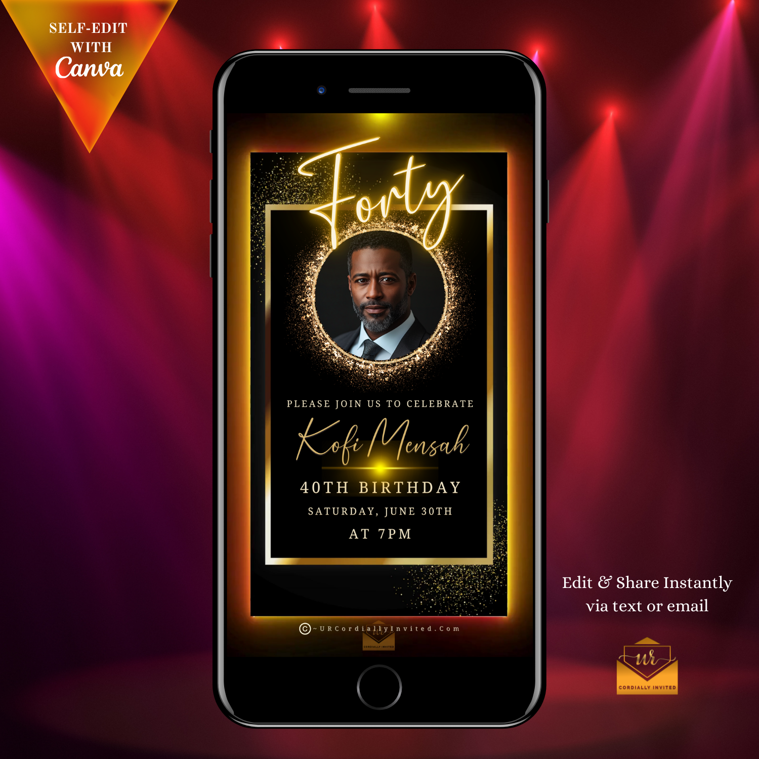 Elegant Animated Men’s 40th Birthday Video Invitation displayed on a smartphone screen, featuring a customizable digital neon gold oval photo frame with a man's image.