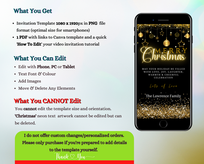 Black Gold Ornaments Glitter Merry Christmas Greeting Ecard displayed on a smartphone screen with editable text and stars, promoting customization options via Canva.