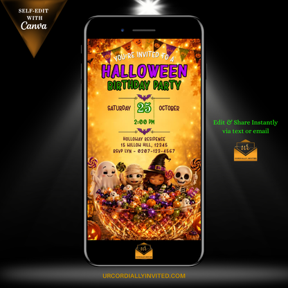 A Halloween birthday party invitation template displayed on a smartphone screen, with decorative promotional text and Canva branding on a black background.