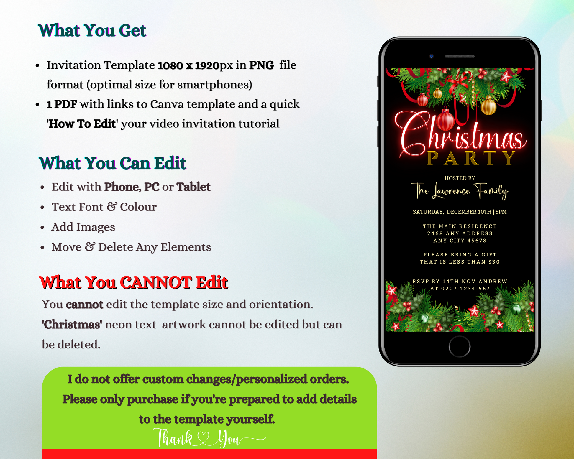 Digital Green Red Neon Ornaments Christmas Party Evite displayed on a smartphone screen, showcasing customizable text and festive design elements for easy DIY editing.