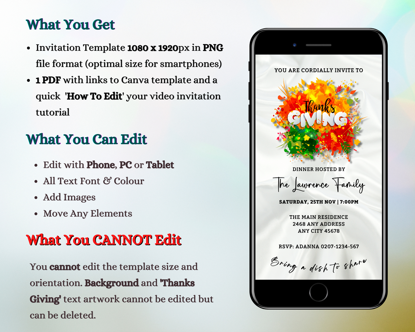 A smartphone displaying a colorful splash of paint on the screen, promoting the customizable Colourful White Silk Background | Thanksgiving Dinner Evite template available for editing in Canva.