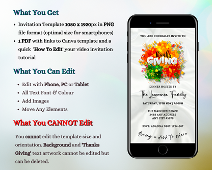 A smartphone displaying a colorful splash of paint on the screen, promoting the customizable Colourful White Silk Background | Thanksgiving Dinner Evite template available for editing in Canva.