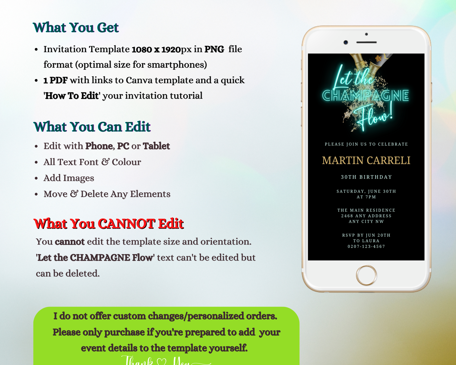 White smartphone displaying a customizable Teal Black Champagne Birthday Party Evite template with neon elements. Designed for personalization and electronic sharing via Canva.