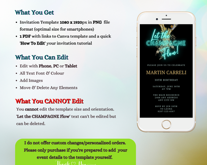 White smartphone displaying a customizable Teal Black Champagne Birthday Party Evite template with neon elements. Designed for personalization and electronic sharing via Canva.