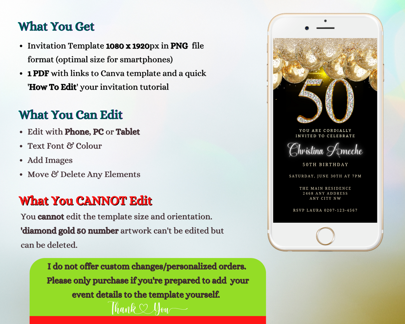A customizable digital 50th birthday invitation with black and gold balloon graphics displayed on a smartphone screen.